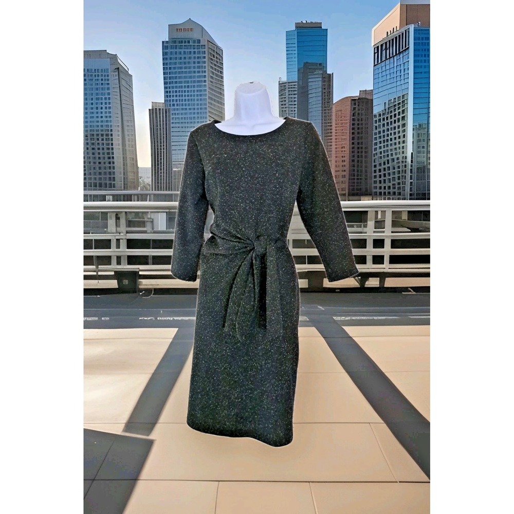 Liz Claiborne Popover Dress M Black Speckled Ruched Front Tie Old Money Stretch